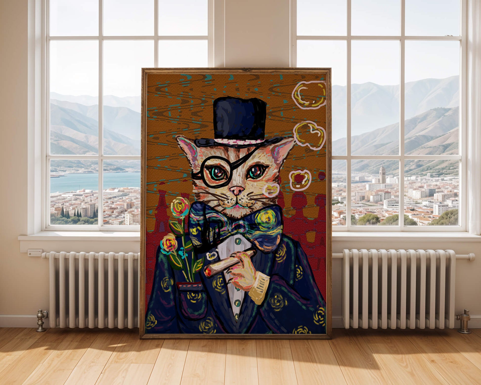 Skurriles Porträt einer Katze in Anzug und Zylinder mit Vintage-Flair