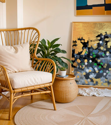 Abstract art with gold and colorful brushstrokes