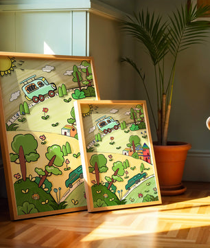 Whimsical landscape with houses, cars, and colorful flora