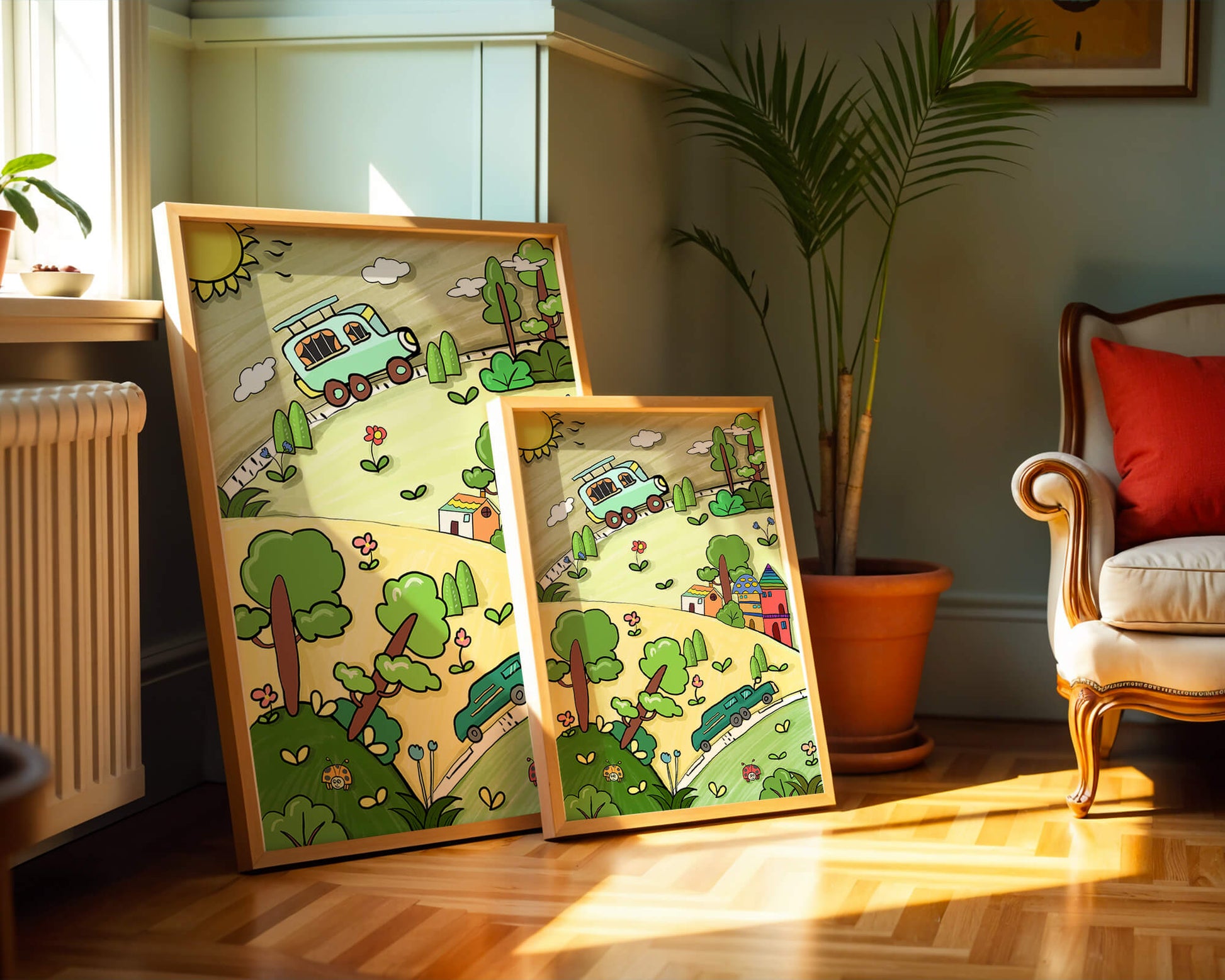 Whimsical landscape with houses, cars, and colorful flora