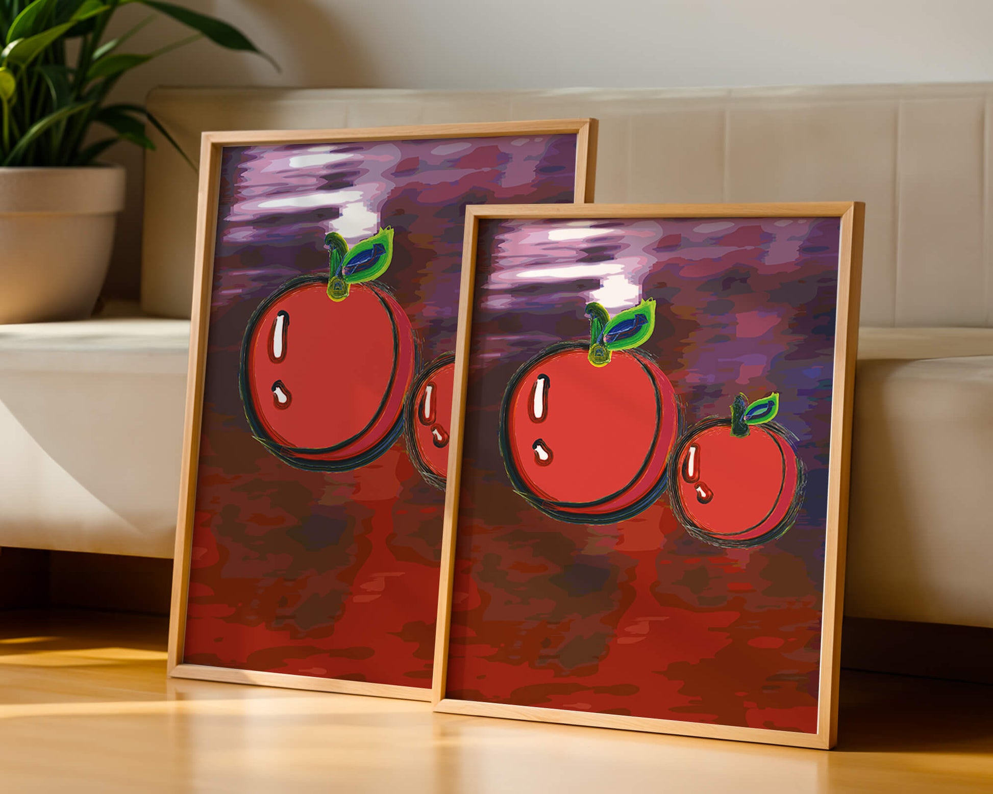 Dos manzanas abstractas con fondo colorido
