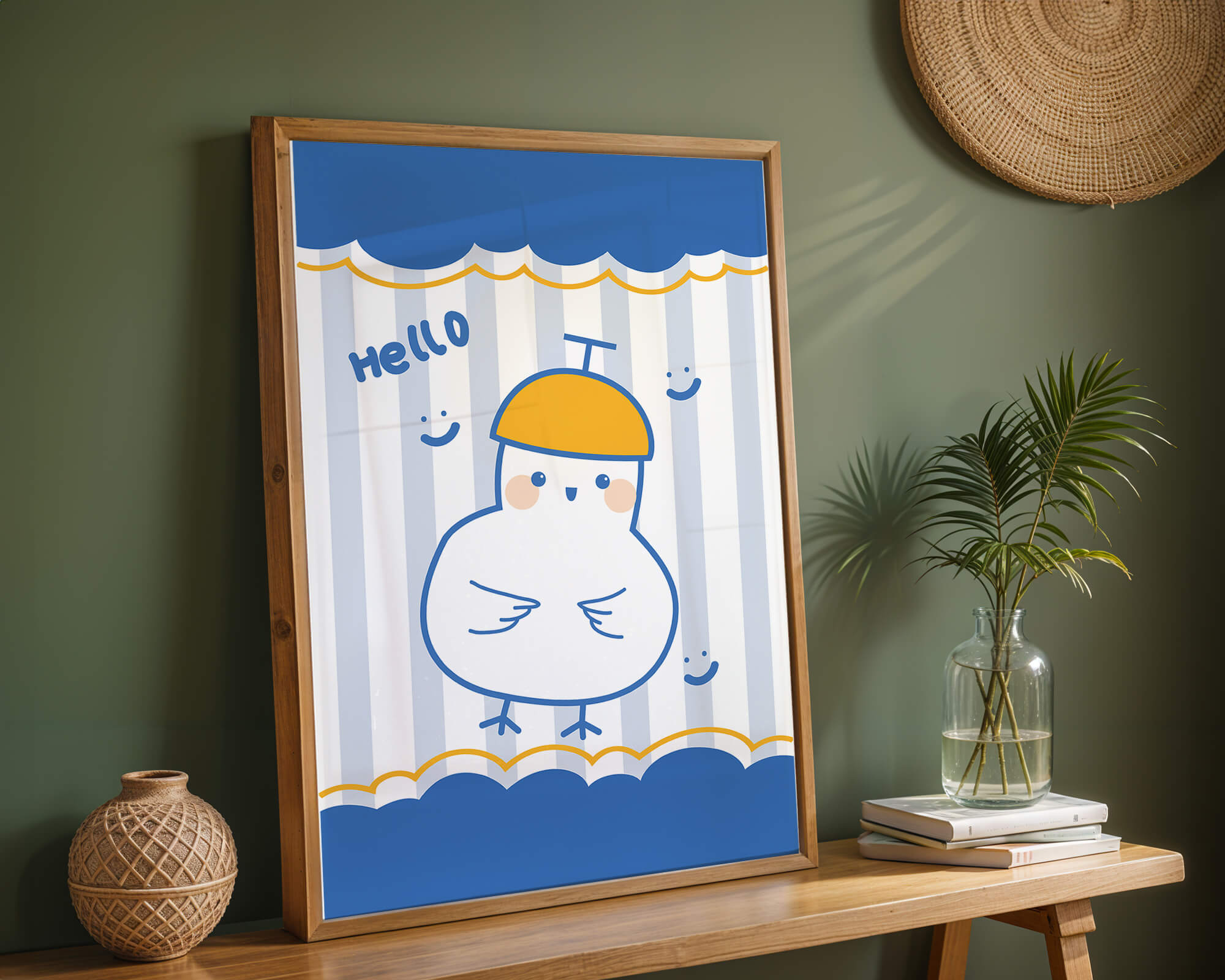 Cartoon bird illustration with cheerful design elements