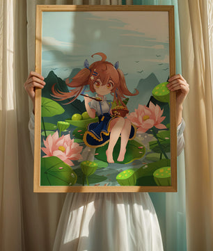 Chica de anime sentada en hojas de lirio con montañas al fondo