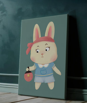 Illustration d'un lapin cartoon avec un bandeau et un sac rond