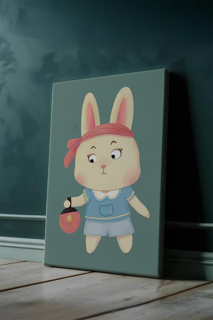 Illustration d'un lapin cartoon avec un bandeau et un sac rond