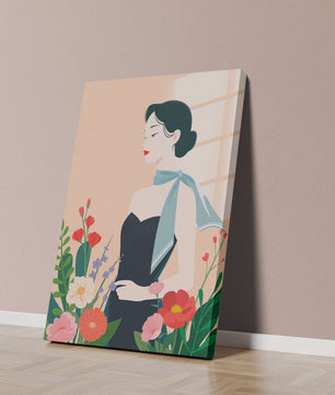 Elegant Woman with Floral Background and Scarf