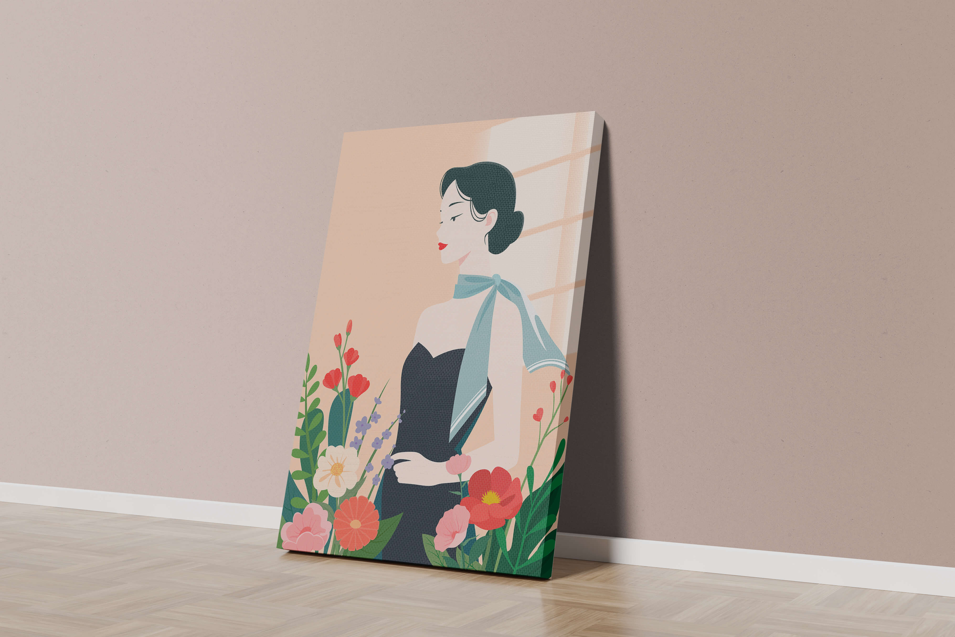 Mujer elegante con fondo floral y bufanda