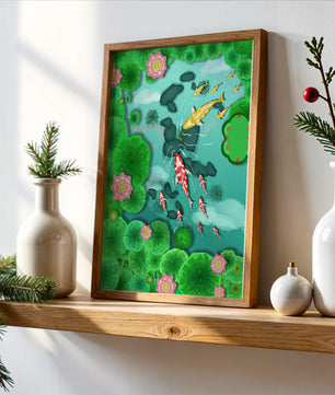 Étang à carpes koï vibrant avec des fleurs de lotus et des nénuphars verts