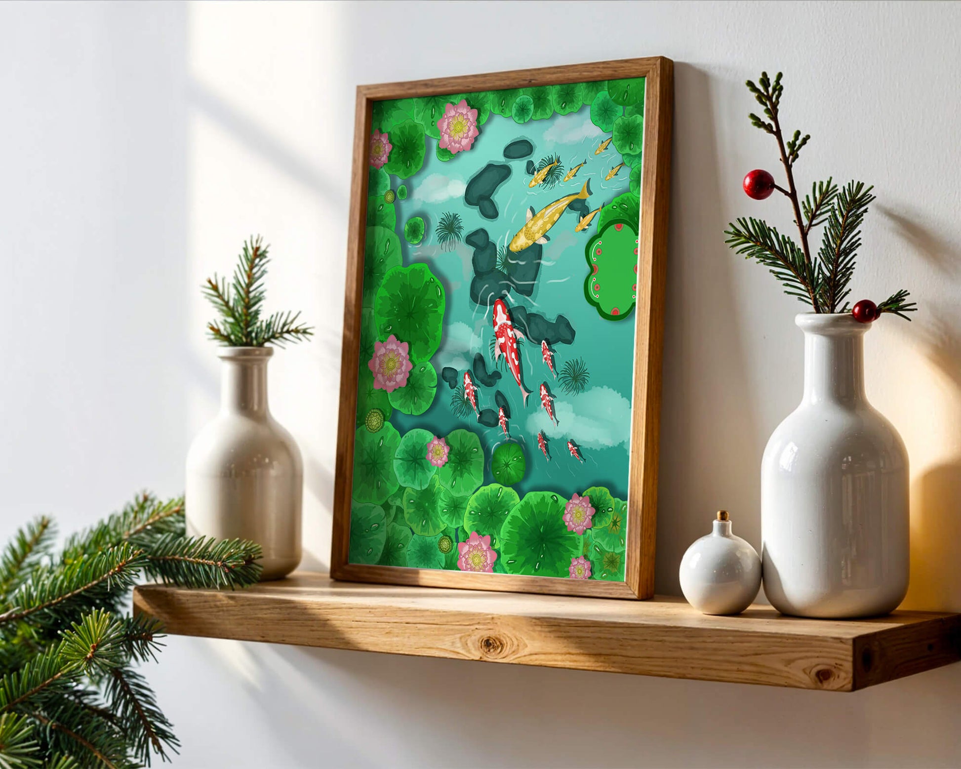 Étang à carpes koï vibrant avec des fleurs de lotus et des nénuphars verts