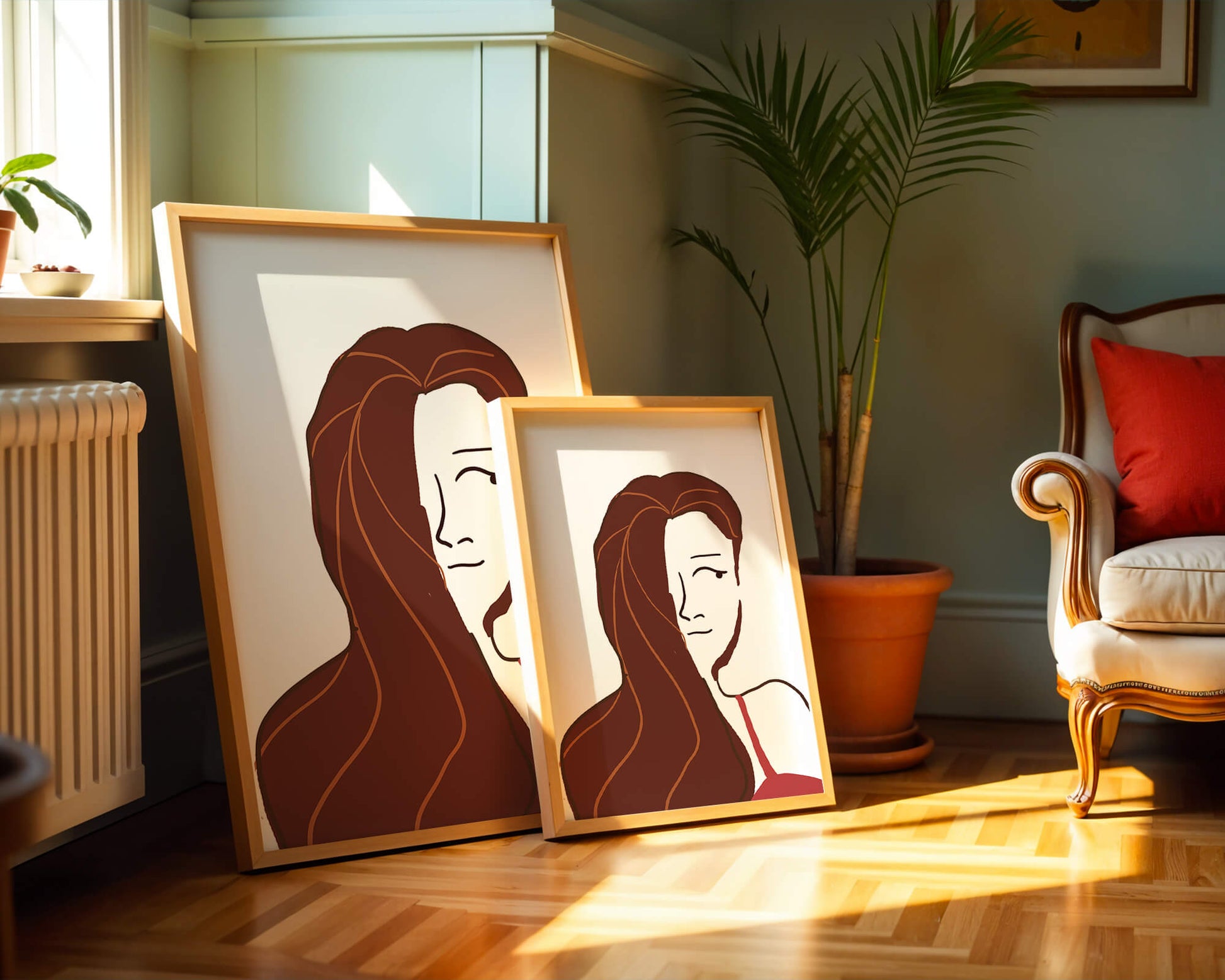 Ilustración estilizada de una mujer con cabello fluyendo y diseño minimalista