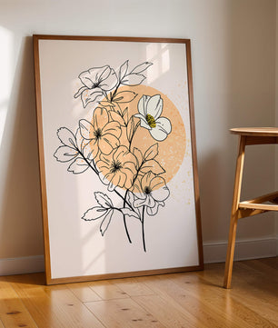 Ilustración floral minimalista con tonos pastel y fondos abstractos
