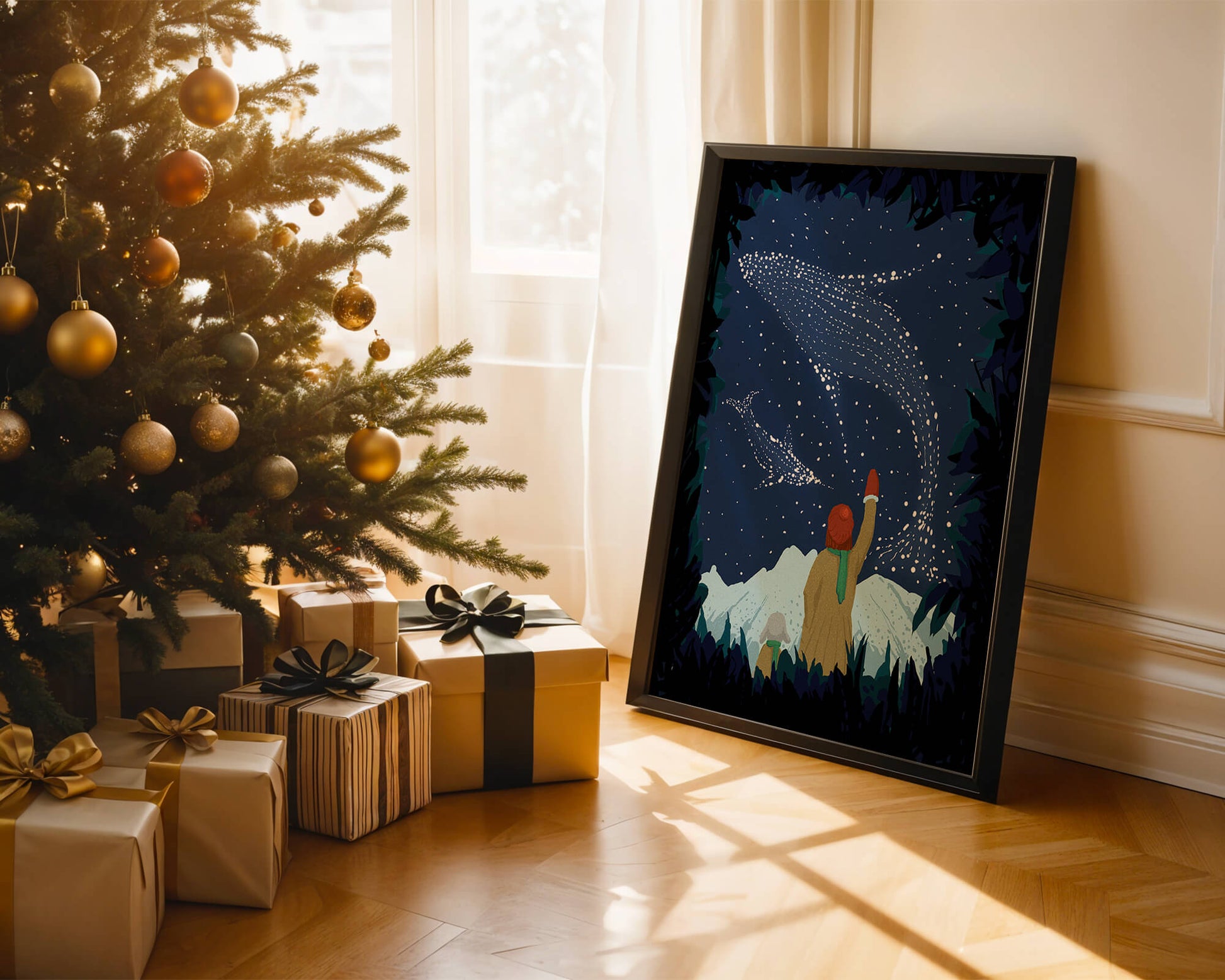 Starry night with whale constellations and mountain scenery