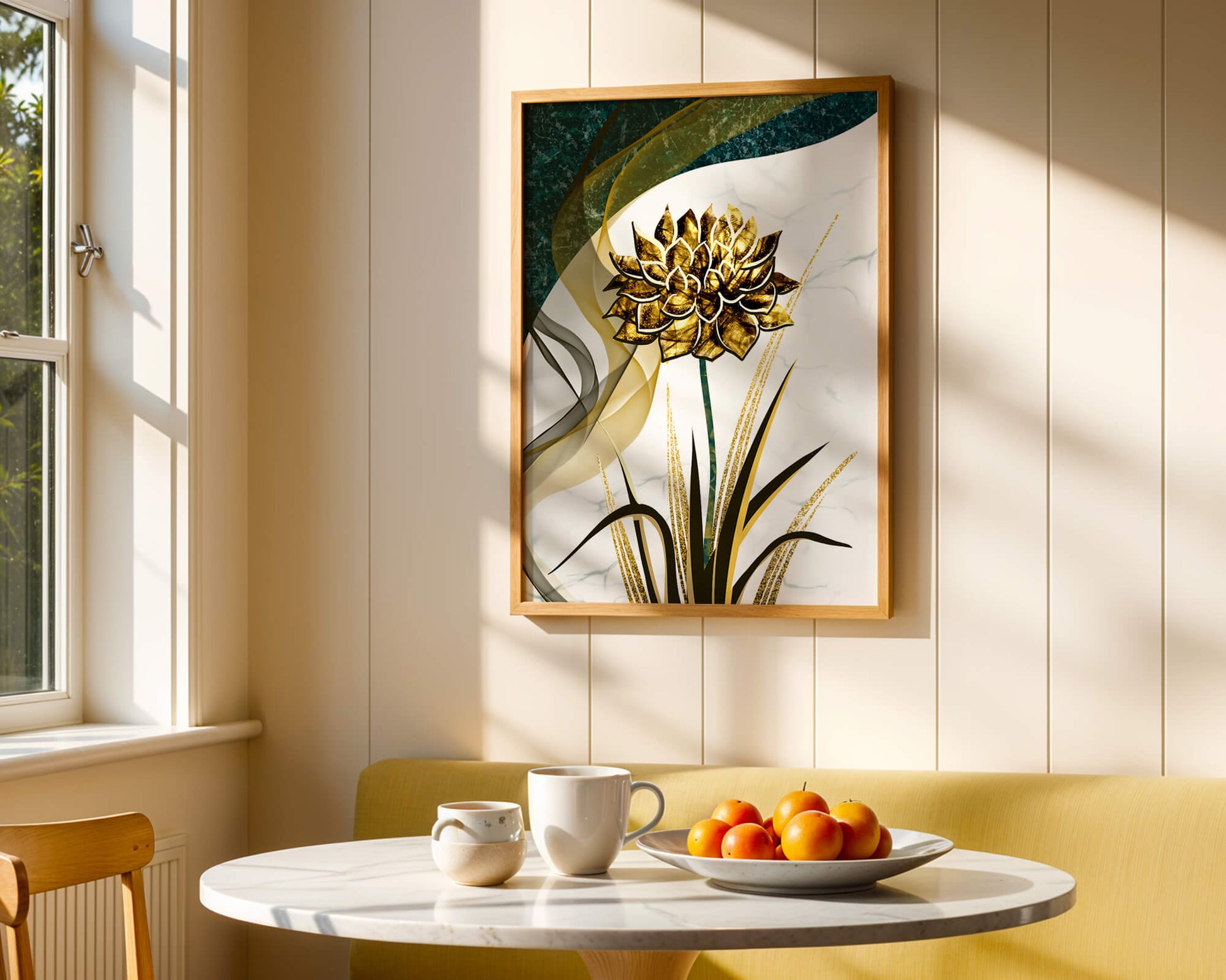 Golden flower artwork with abstract background for contemporary decor