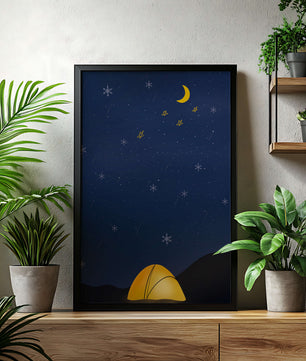 Camping Under Night Sky with Stars and Crescent Moon