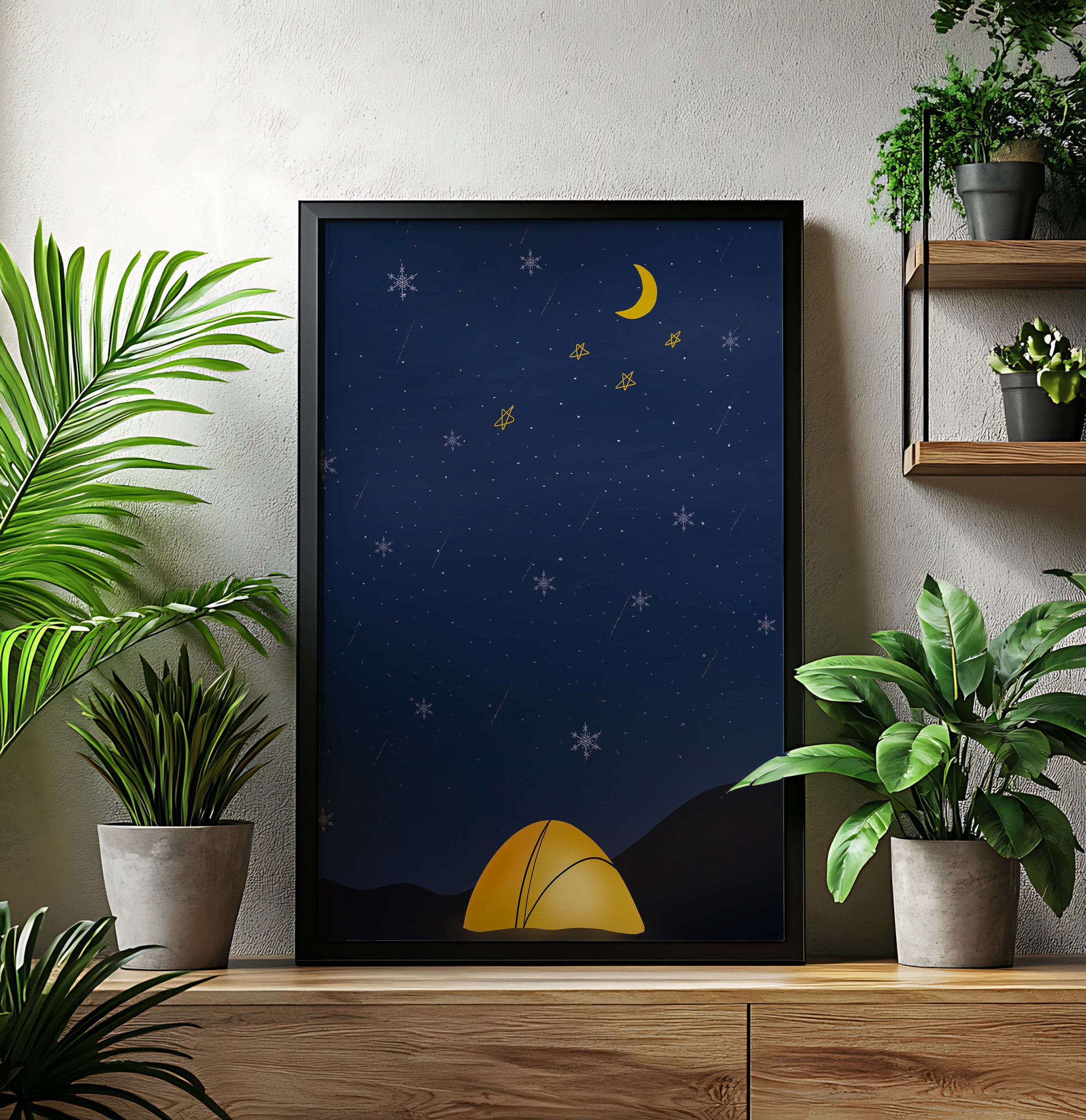 Camping Under Night Sky with Stars and Crescent Moon