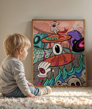 Ilustración abstracta surrealista colorida con un ojo vívido y elementos surrealistas