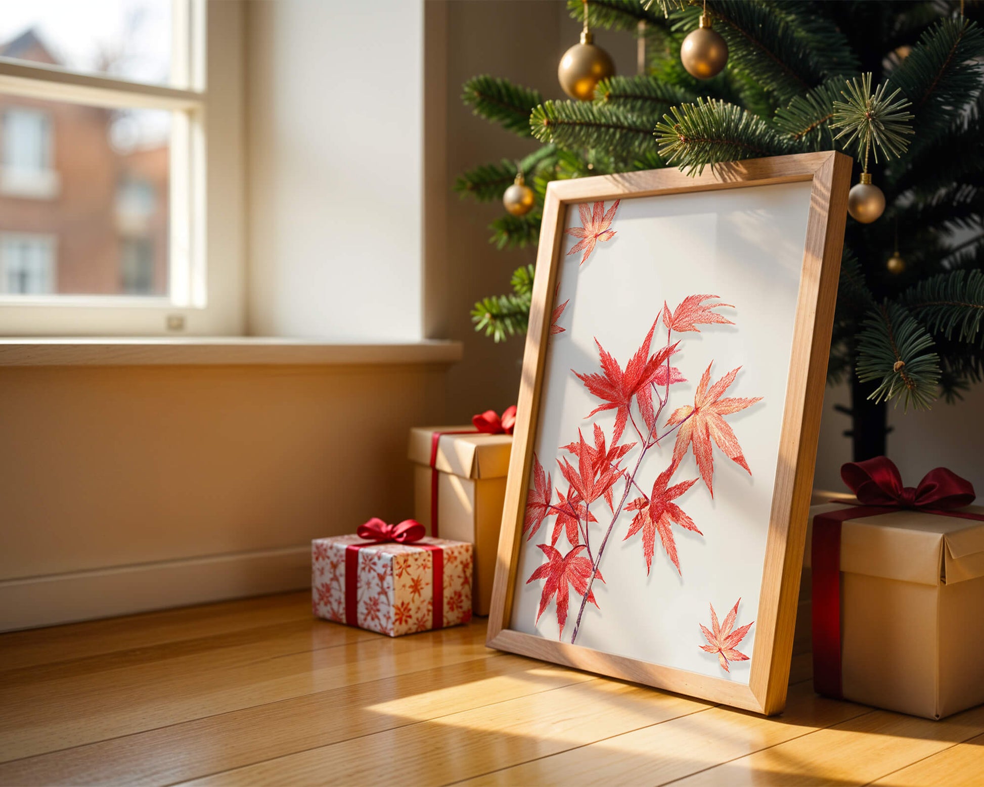 Delicate red maple leaves on white background