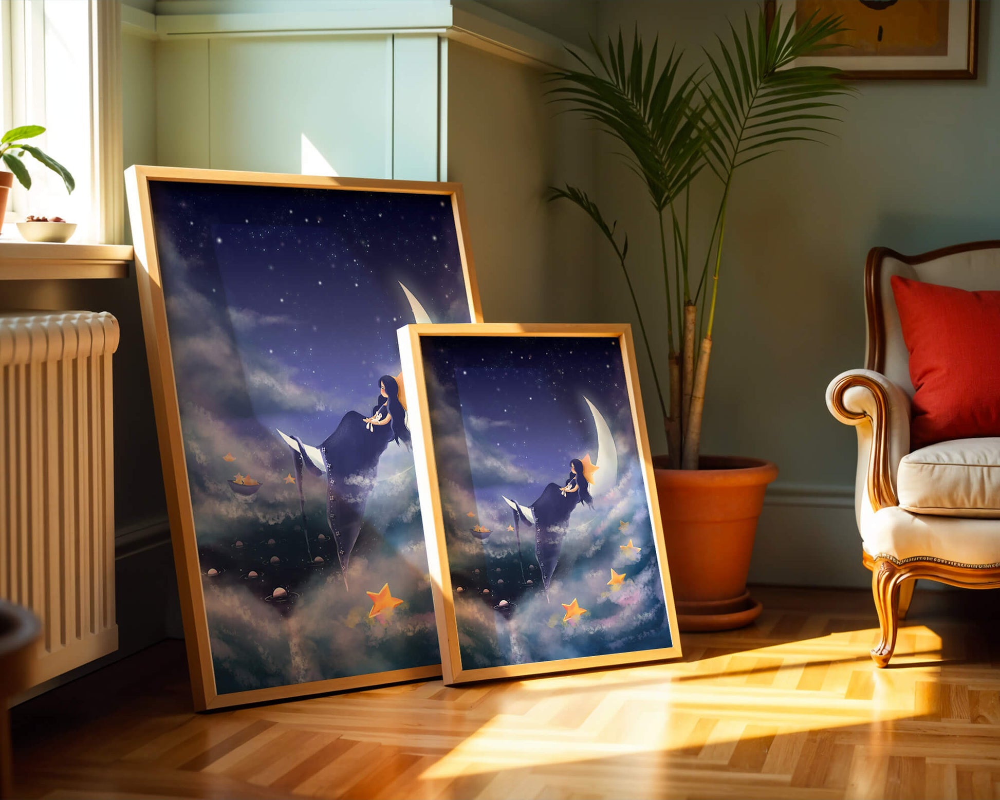 Dreamy night sky with girl sitting on crescent moon surrounded by stars