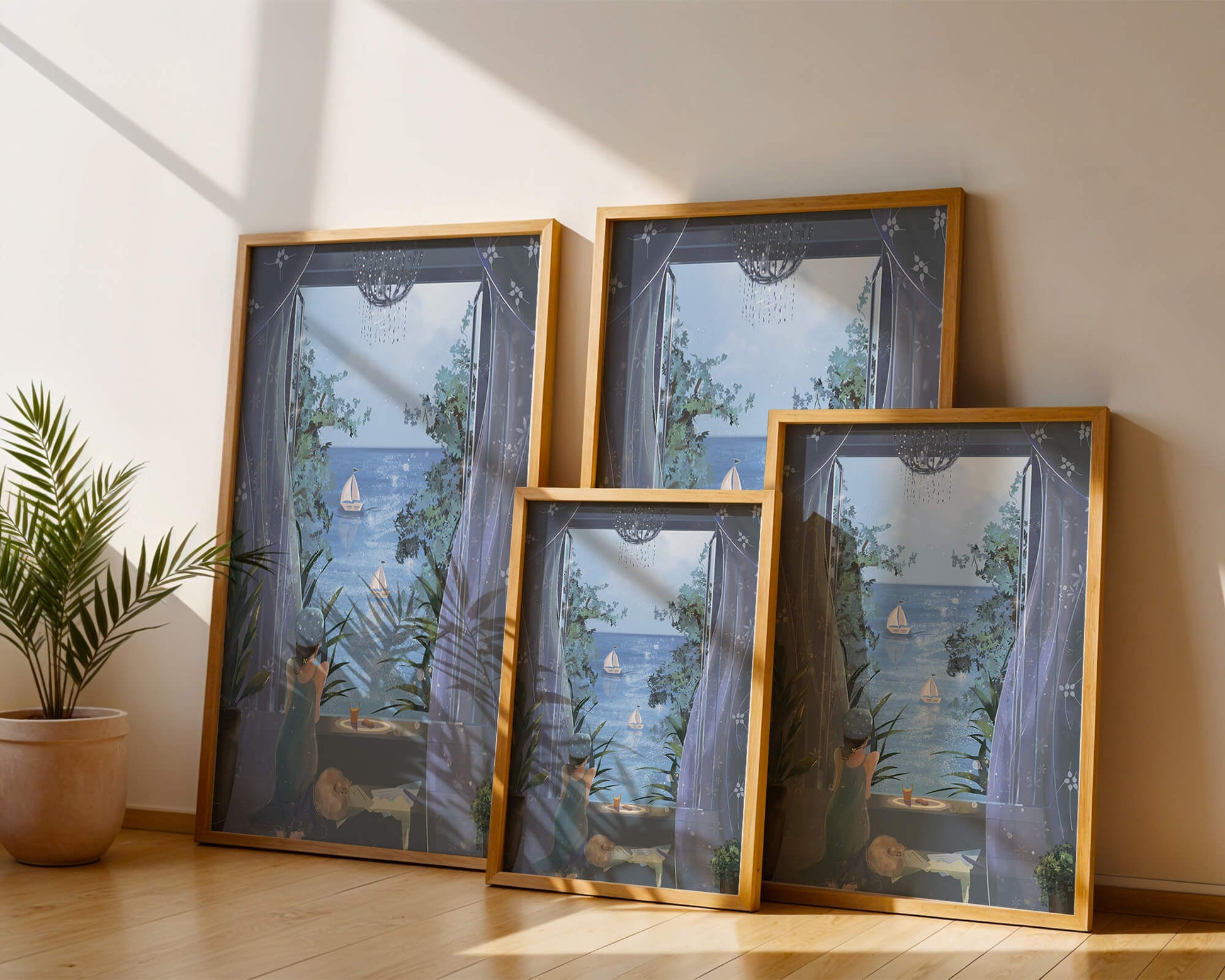 Serene seaside view from an open window with a sailboat and relaxing atmosphere