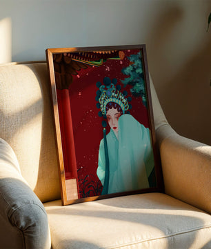 Traditional Asian art with elegant woman in traditional attire