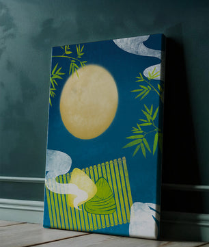 Moonlit night with bamboo and dumplings on a mat
