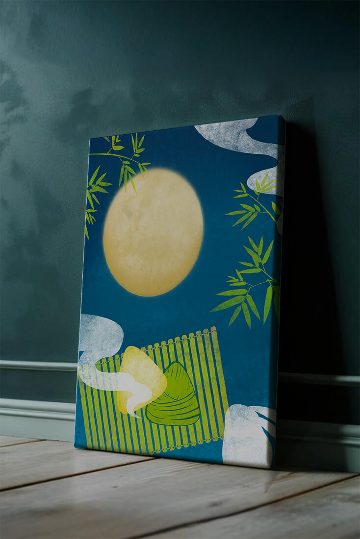 Moonlit night with bamboo and dumplings on a mat