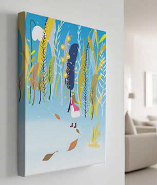 Ilustración caprichosa de una niña en un bosque abstracto vibrante