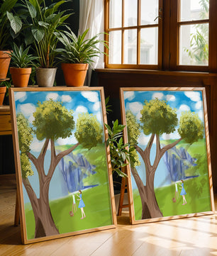 Young woman painting near a tree by a waterfall with a vibrant sky