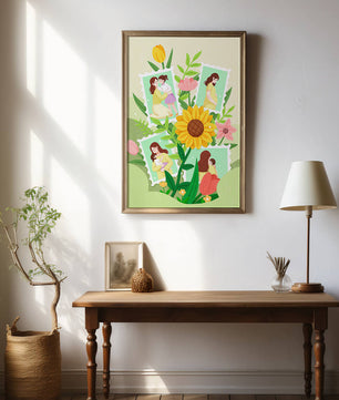 Ilustración de momentos familiares con fondo floral vibrante