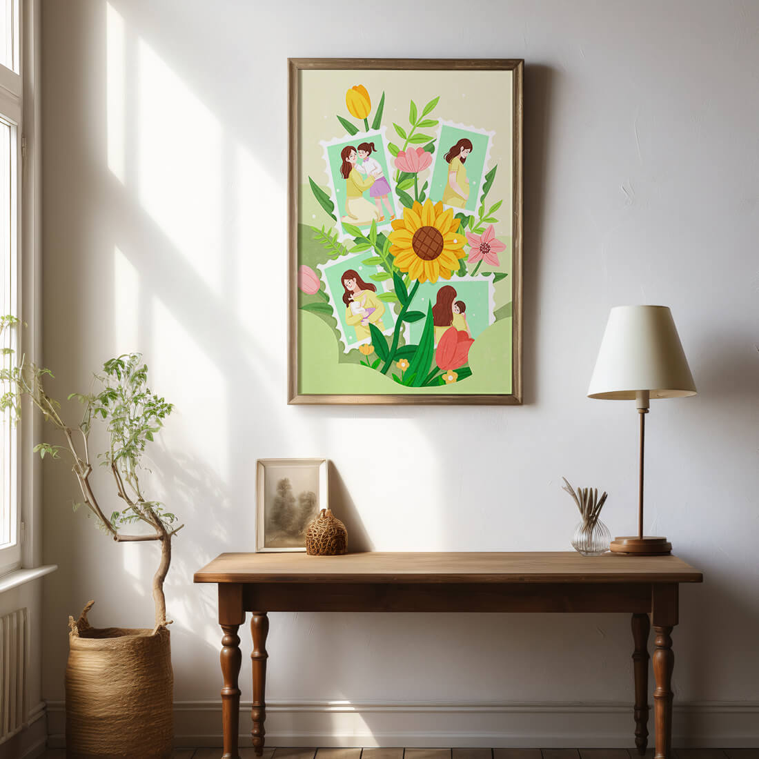Ilustración de momentos familiares con fondo floral vibrante