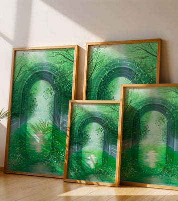 A serene green garden tunnel with reflective water