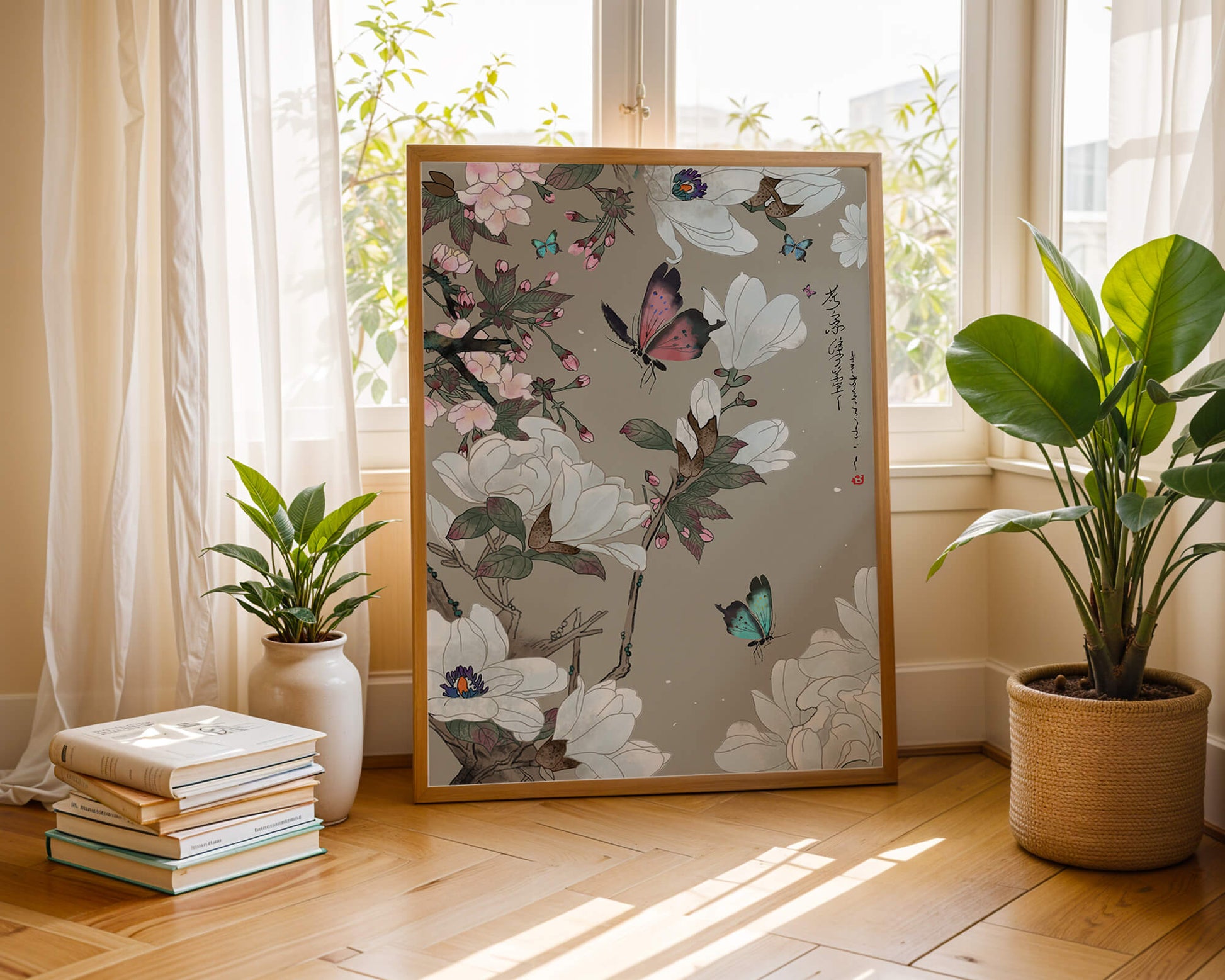 Mariposas y flores con suaves colores pastel y composición floral artística