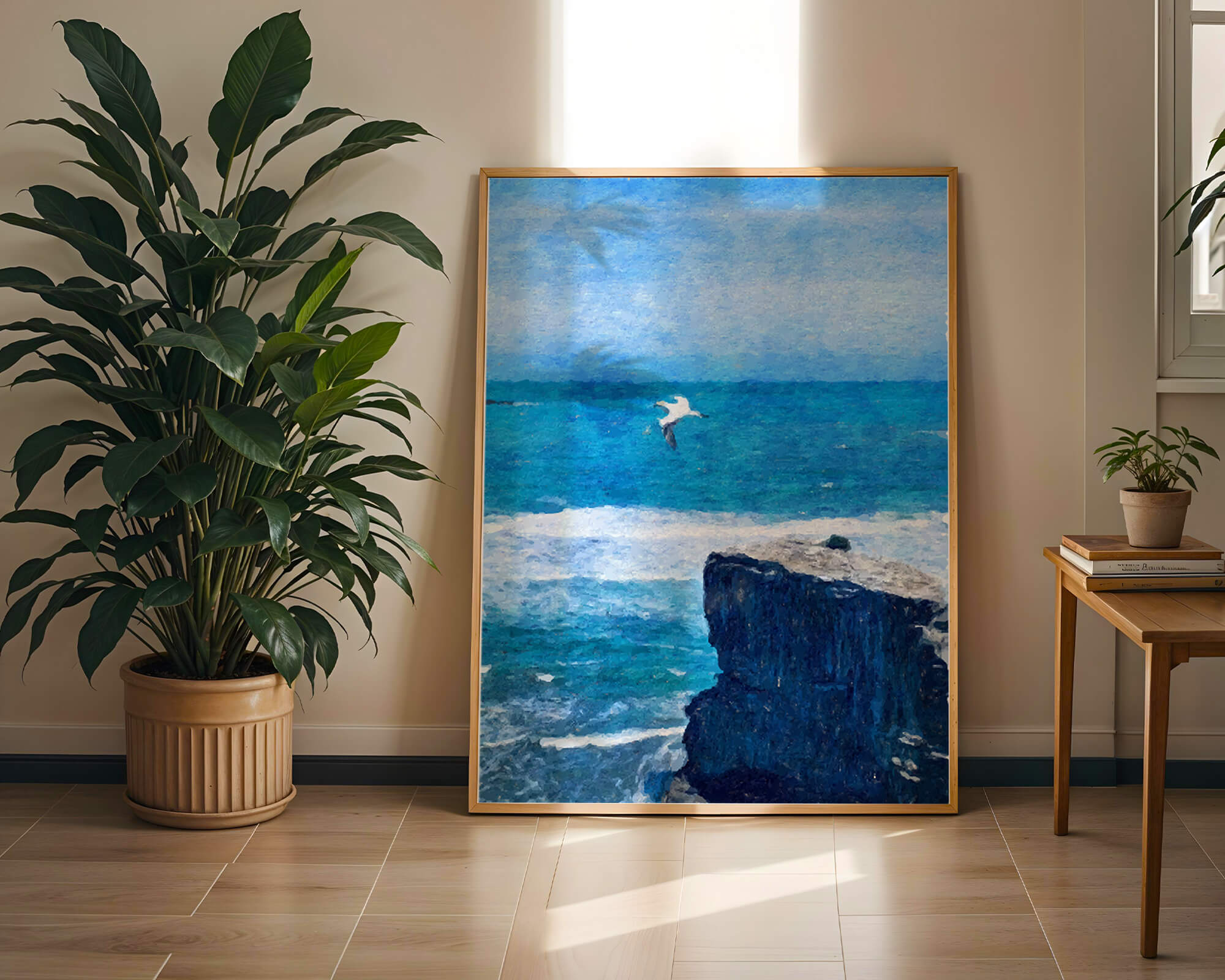 Seascape with soaring seagull over rocky cliff and ocean waves