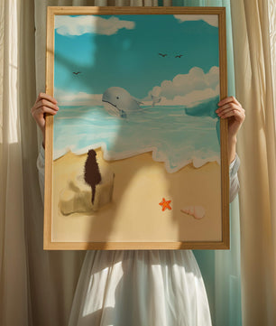Meeresblick mit Wal und Elemente am Strand