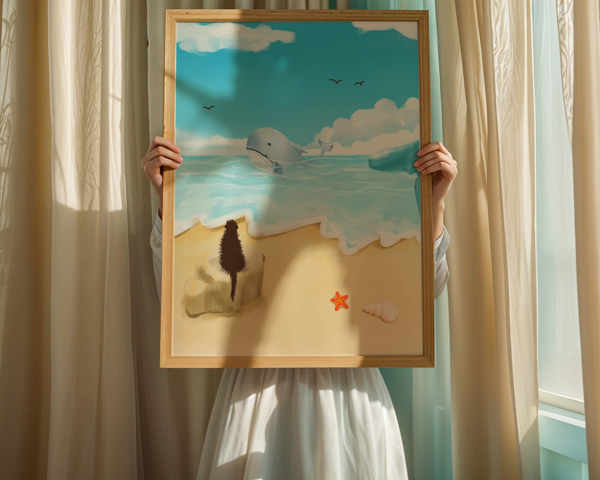 Vista al océano con ballena y elementos de playa