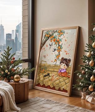 Charming illustration of a child with cats on a rooftop beneath a fruit tree
