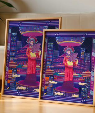 Futuristic Asian Inspired Artwork with Neon Colors and Geisha in Traditional Attire