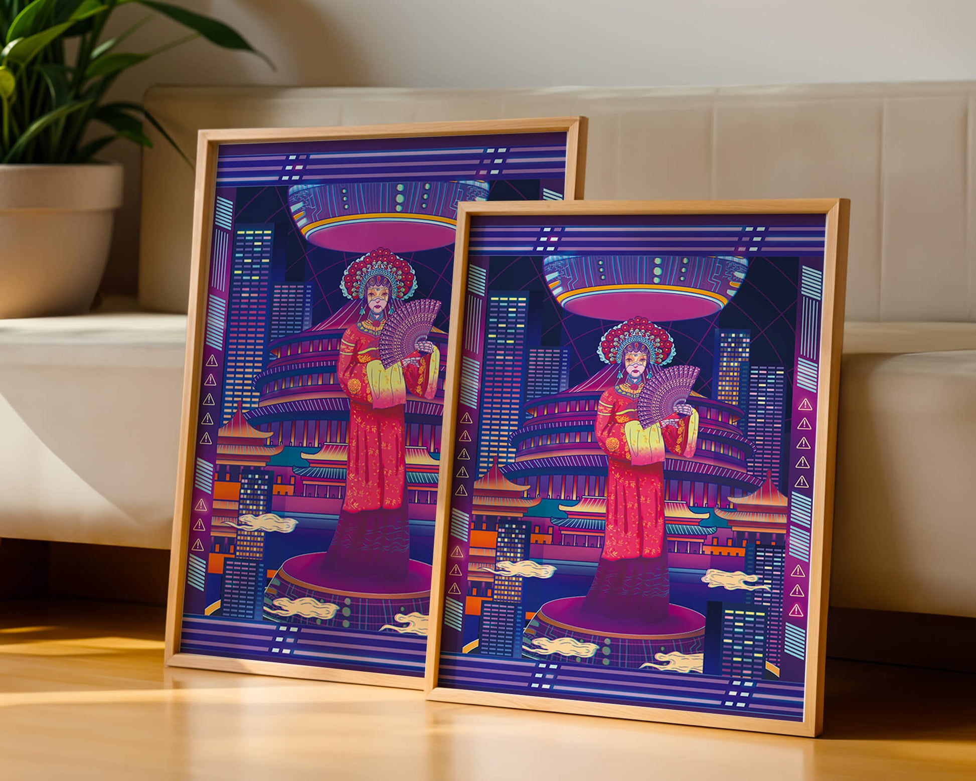 Futuristic Asian Inspired Artwork with Neon Colors and Geisha in Traditional Attire