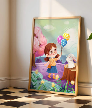 Charming Landscape with Girl Holding Balloons and White Bunny in Enchanted Forest