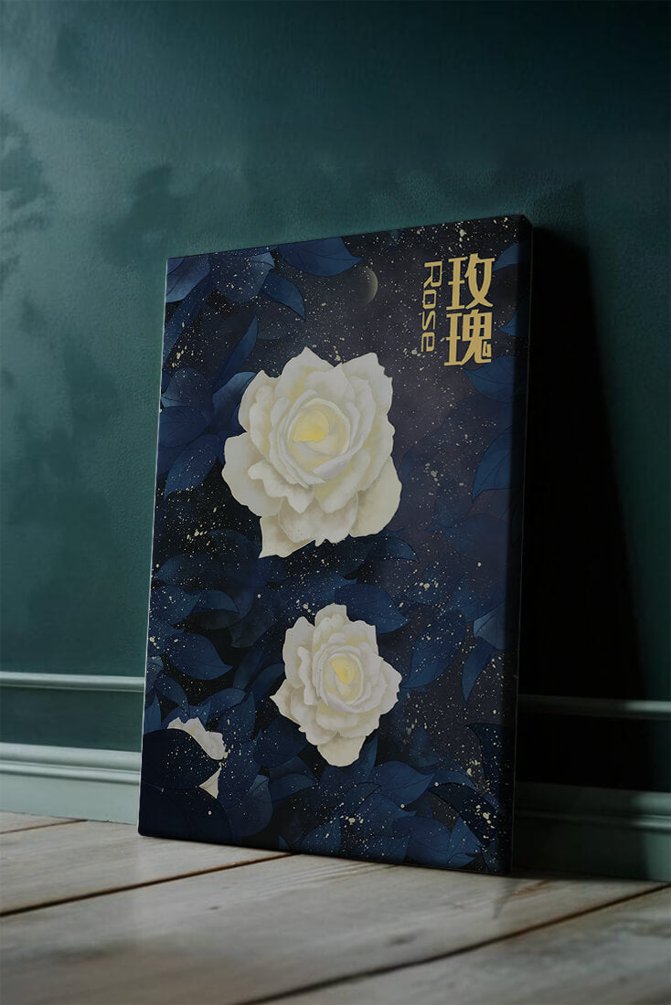 Elegant white roses on a celestial night background with deep blue leaves
