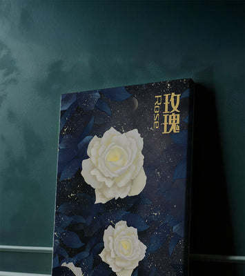 Elegant white roses on a celestial night background with deep blue leaves