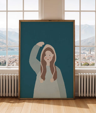 Illustriertes Mädchen mit Kapuzenpullover auf blaugrünem Hintergrund