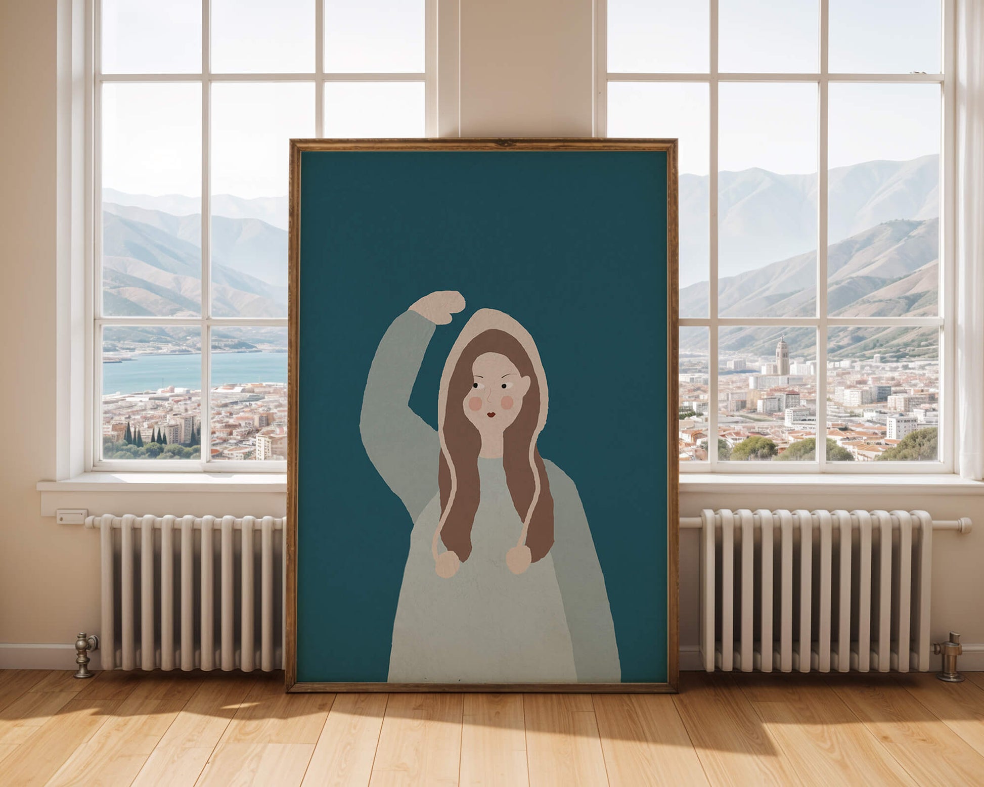 Illustrated girl with hoodie on teal background