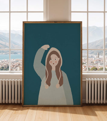 Illustrated girl with hoodie on teal background