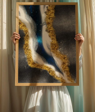 Abstract flowing design with gold, blue, and white textures