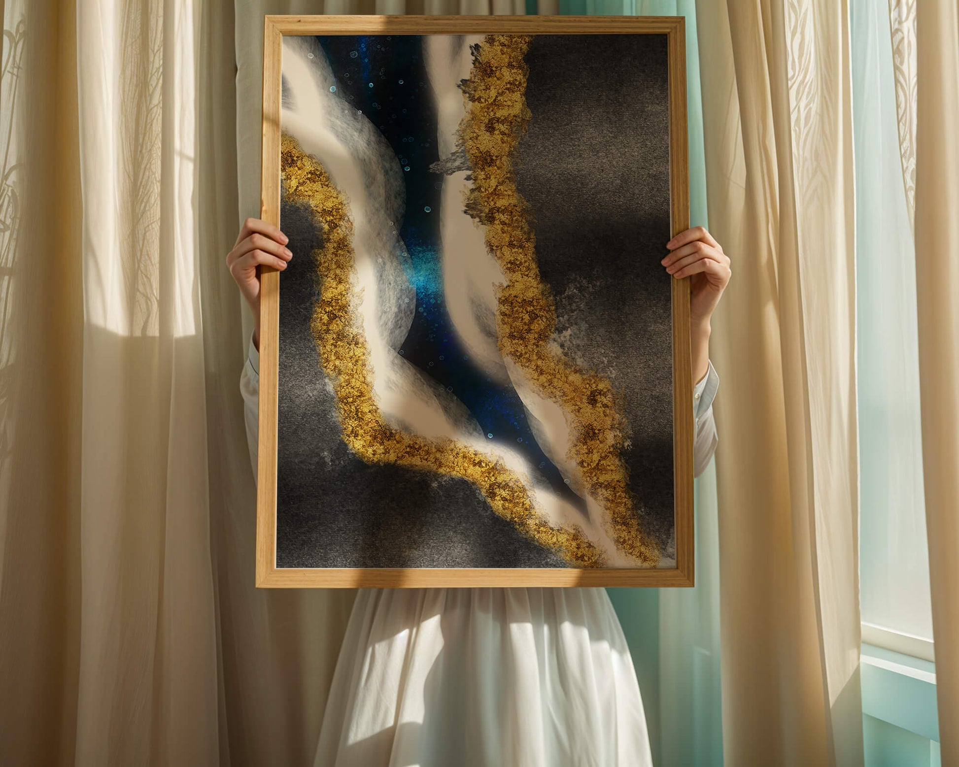 Abstract flowing design with gold, blue, and white textures