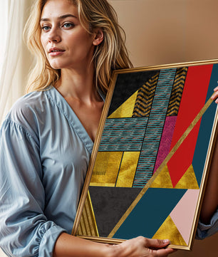 Geometric abstract art with bold colors and golden accents