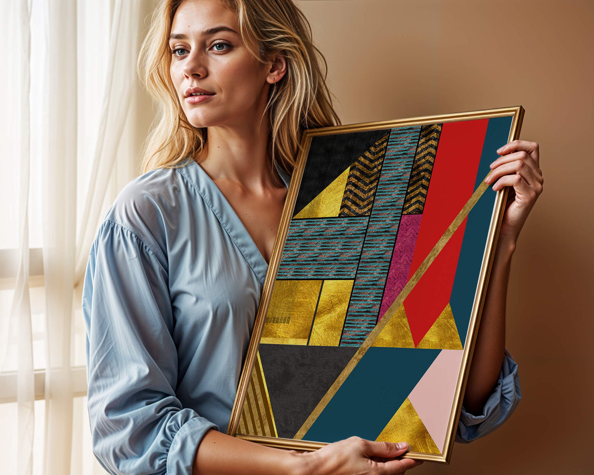 Geometric abstract art with bold colors and golden accents