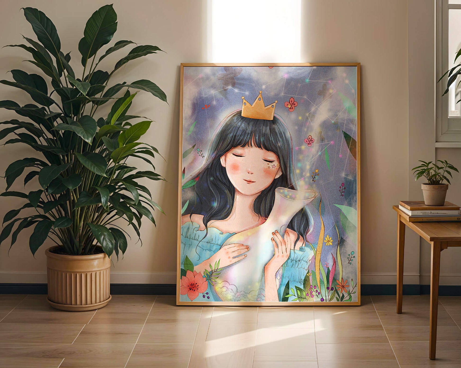 Retrato encantador de una chica con corona en un jardín mágico
