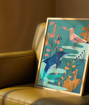 Geometric Dolphin and Seagull with Floral Elements in Abstract Nature